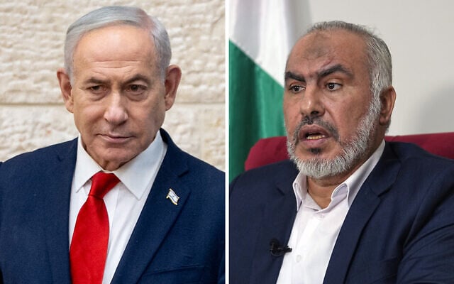 Left: Prime Minister Benjamin Netanyahu at a polling station in Jerusalem on August 17, 2026, amid the Likud primary elections. Right: Ghazi Hamad, a member of Hamas's political bureau, speaks during an interview with The Associated Press in Beirut, Lebanon, October 26, 2023. (Chaim Goldberg/Flash90, AP/Bilal Hussein)