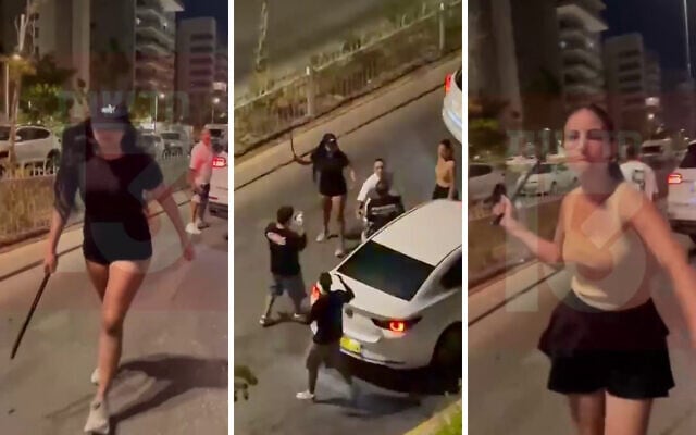 Screenshots from social media footage show women assaulting a motorist in Kfar Yona, August 23, 2026. (Channel 13 and X, used in accordance with Clause 27a of the Copyright Law)