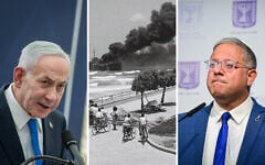 Prime Minister Benjamin Netanyahu (L) and National Security Minister Itamar Ben Gvir (R) are pictured either side of an image of the burning Altalena ship. (Chaim Goldberg/FLASH90, Hans Pinn/GPO, Avshalom Sassoni/FLASH90)