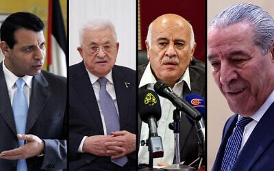 (From L-R) Mohammed Dahlan, Palestinian Authority President Mahmoud Abbas, Fatah secretary-general Jibril Rajoub and PA Vice President Hussein al-Sheikh. (AP Photo/ Majdi Mohammed, Ramil Sitdikov / AFP, Zain JAAFAR / AFP) (From L-R) Mohammed Dahlan, Palestinian Authority President Mahmoud Abbas, Fatah secretary-general Jibril Rajoub and PA Vice President Hussein al-Sheikh. (AP Photo/ Majdi Mohammed, Ramil Sitdikov / AFP, Zain JAAFAR / AFP)