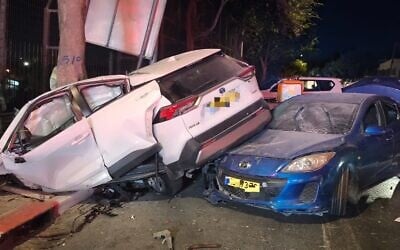 Cars are seen at the a-Tur Junction in Jerusalem after a suspected car thief got into an accident during a police chase, in a picture published by police on August 26, 2026. (Israel Police) Cars are seen at the a-Tur Junction in Jerusalem after a suspected car thief got into an accident during a police chase, in a picture published by police on August 26, 2026. (Israel Police)