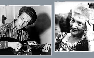 Woody Guthrie (left) and Yiddish poet Aliza Greenblatt. After Guthrie married Greenblatt's daughter, Marjorie Mazia, the two developed a close bond, explored in the new documentary 'Dust Bowls and Jewish Souls.' (Woody Guthrie Publications via JTA)