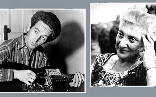Woody Guthrie (left) and Yiddish poet Aliza Greenblatt. After Guthrie married Greenblatt's daughter, Marjorie Mazia, the two developed a close bond, explored in the new documentary 'Dust Bowls and Jewish Souls.' (Woody Guthrie Publications via JTA)
