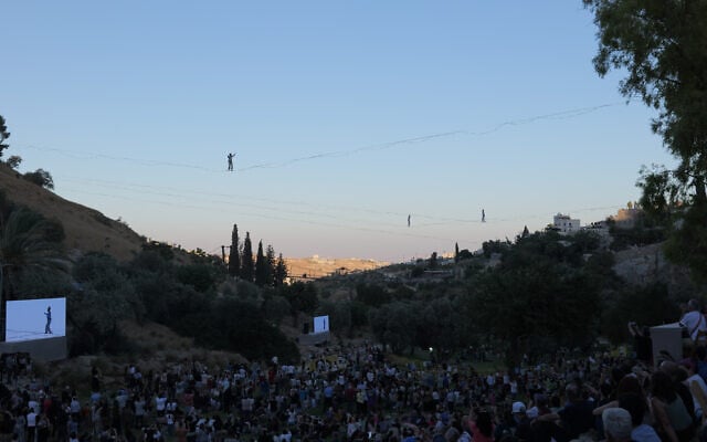 'Held By a String' was the opening aerial performance at Jerusalem's Hinnom Valley on July 28, 2026 (Noam Shognovsky/Nur Visuals) 'Held By a String' was the opening aerial performance at Jerusalem's Hinnom Valley on July 28, 2026 (Noam Shognovsky/Nur Visuals)