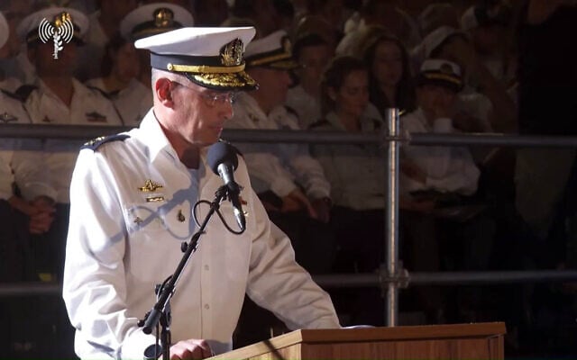 Israeli Navy chief Vice Adm. Eyal Harel speaks at an officers' graduation ceremony at the Haifa Naval Base, September 8, 2026. (Screenshot: Israel Defense Forces)