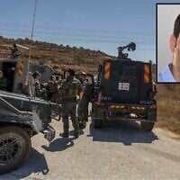IDF soldiers and police officers near the scene of a terror shooting at a spring near the settlement of Neve Tzuf in the West Bank, September 20, 2026; Inset: Netanel Shukrun, who was murdered in the attack (Photos: Hilel Ben Or/Flash90, Courtesy)