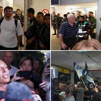 Passengers who were on a flydubai aircraft bound for Israel from the United Arab Emirates that suffered an emergency mid-air, with the co-pilot subdued after stabbing the captain in an alleged attempt to crash the plane, arrive back home at Ben Gurion Airport, September 30, 2026. (Screenshots/Channel 12 News)