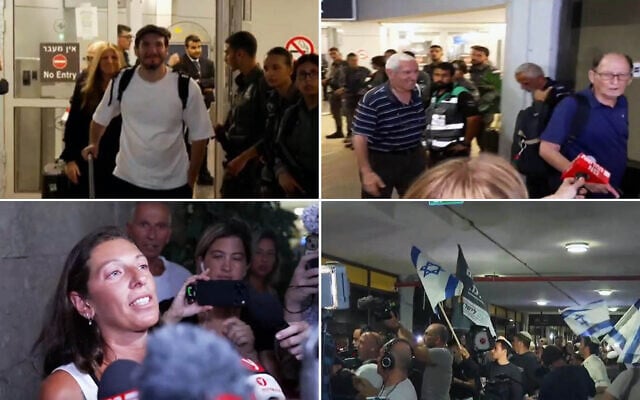 Passengers who were on a flydubai aircraft bound for Israel from the United Arab Emirates that suffered an emergency mid-air, with the co-pilot subdued after stabbing the captain in an alleged attempt to crash the plane, arrive back home at Ben Gurion Airport, September 30, 2026. (Screenshots/Channel 12 News)