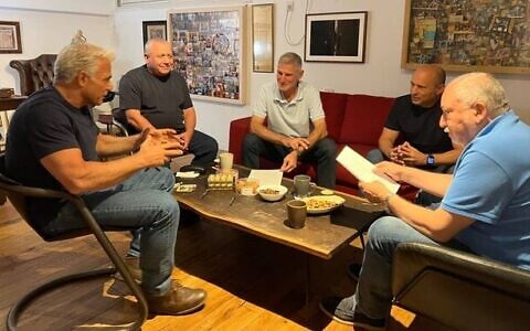 Left to right: Yair Lapid, Gadi Eisenkot, Yair Golan, Naftali Bennett and Avigdor Liberman meet at Lapid's Tel Aviv home, September 26, 2026 (Courtesy)