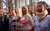 Protesters demonstrate in support of Israeli victims of sexual violence, outside the United Nations in New York City, December 4, 2023. (Luke Tress/Times of Israel)