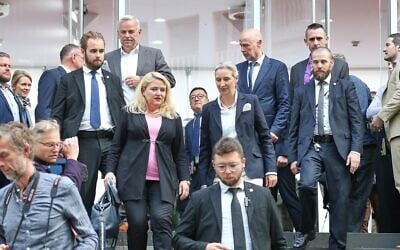 AfD co-leader Alice Weidel (center right) and the party's Berlin lead candidate Kristin Brinker (center left) at a press conference after state election in Berlin and Mecklenburg-Western Pomerania, in Berlin, September 21, 2026. Also present are Leif-Erik Holm, the AfD's candidate for state premier in Mecklenburg-Western Pomerania, and the party's co-leader Tino Chrupalla. (Reuters)