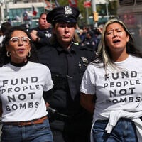 Democratic congressional candidate Darializa Avila Chevalier (L) is detained alongside another protester during an anti-Israel protest during Prime Minister Benjamin Netanyahu’s address to the United Nations General Assembly in New York City, September 24, 2026. (Shannon Stapleton/Reuters)