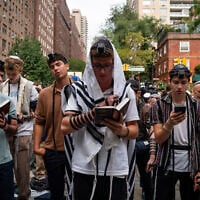 Students lead prayers outside New York City Mayor Zohran Mamdani's residence in Manhattan, September 18, 2026. (Luke Tress/Times of Israel)