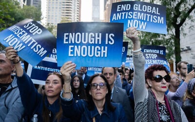 Protesters demand world leaders take action against antisemitism outside the United Nations in New York City, September 23, 2026. (Luke Tress/Times of Israel) Protesters demand world leaders take action against antisemitism outside the United Nations in New York City, September 23, 2026. (Luke Tress/Times of Israel)