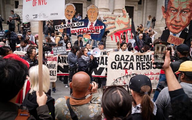 Protesters march toward the United Nations, in New York City, September 24, 2026. (Luke Tress/Times of Israel) Protesters march toward the United Nations, in New York City, September 24, 2026. (Luke Tress/Times of Israel)