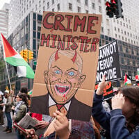 Protesters outside the United Nations, in New York City, September 24, 2026. (Luke Tress/Times of Israel)