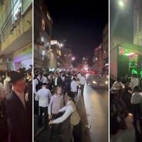 Screen captures from video of a homecoming event in Bnei Brak from ultra-Orthodox draft dodgers who were released from military prison, September 27, 2026. (Daniel Grovais via X)