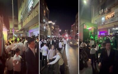 Screen captures from video of a homecoming event in Bnei Brak from ultra-Orthodox draft dodgers who were released from military prison, September 27, 2026. (Daniel Grovais via X) Screen captures from video of a homecoming event in Bnei Brak from ultra-Orthodox draft dodgers who were released from military prison, September 27, 2026. (Daniel Grovais via X)