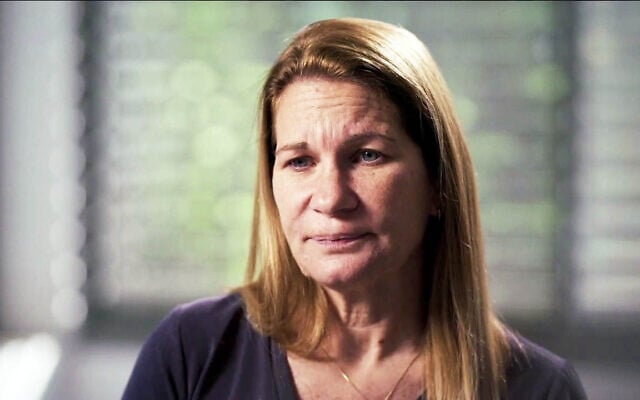 Screen grab from video of Mira Shoshani, a senior Shin Bet agent whose daughter was murdered on October 7, 2023, during the Hamas-led attack on Kibbutz Kfar Aza, as she speaks to Channel 12 in an interview broadcast September 16, 2026. (Channel 12)
