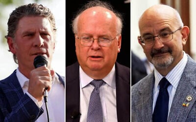 Left: Bo French speaks at a rally on April 15, 2025, in Mansfield, Texas (Shafkat Anowar/The Dallas Morning News via Getty Images via JTA); Center: Karl Rove on September 20, 2024, in Washington, DC (Paul Morigi/AFP); Right: Jon E. Rosenthal in Austin, Texas, August 18, 2025. (Mikala Compton/Austin American-Statesman via Getty Images via JTA) Left: Bo French speaks at a rally on April 15, 2025, in Mansfield, Texas (Shafkat Anowar/The Dallas Morning News via Getty Images via JTA); Center: Karl Rove on September 20, 2024, in Washington, DC (Paul Morigi/AFP); Right: Jon E. Rosenthal in Austin, Texas, August 18, 2025. (Mikala Compton/Austin American-Statesman via Getty Images via JTA)