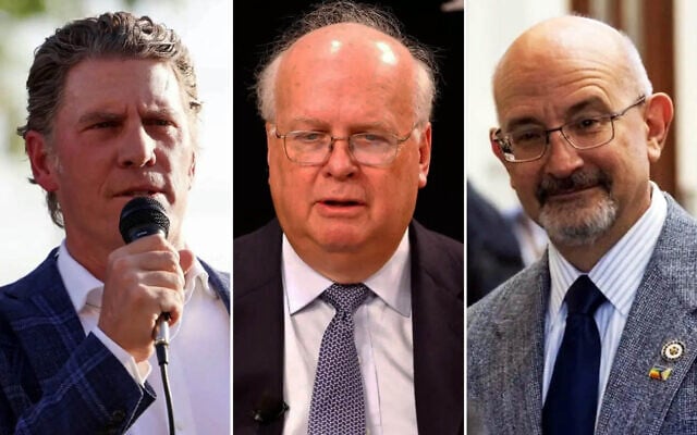 Left: Bo French speaks at a rally on April 15, 2025, in Mansfield, Texas (Shafkat Anowar/The Dallas Morning News via Getty Images via JTA); Center: Karl Rove on September 20, 2024, in Washington, DC (Paul Morigi/AFP); Right: Jon E. Rosenthal in Austin, Texas, August 18, 2025. (Mikala Compton/Austin American-Statesman via Getty Images via JTA)