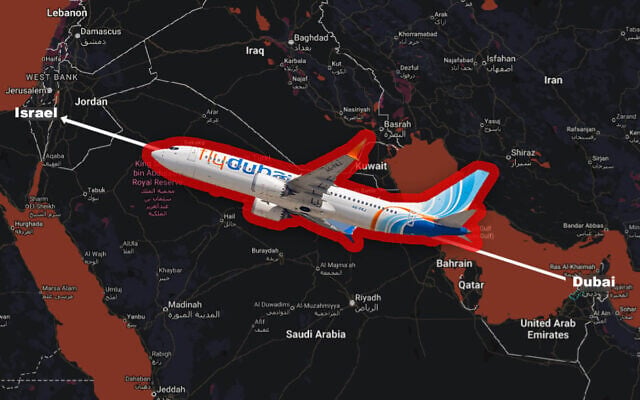 Illustration: a FlyDubai Boeing 737 MAX 8 airplane seen over a map showing a path from Dubai to Israel. (Boarding1Now/iStock/Screenshot via Google Maps)