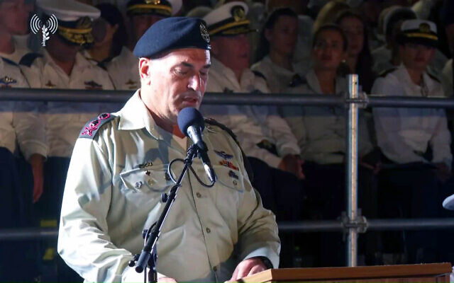 IDF Chief of Staff Lt. Gen. Eyal Zamir speaks at a Navy officers' graduation ceremony at the Haifa Naval Base, September 8, 2026. (Screenshot: Israel Defense Forces)