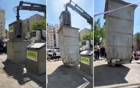 Screen captures from video of the rescue of a man found inside an underground trash can in a suspected case of attempted murder, in Gilo, Jerusalem, September 6, 2026. (Israel Fire and Rescue Service)