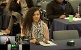 Hannah Gann, a Jewish public school teacher and activist in Philadelphia who pretended to be Palestinian for years, addresses a meeting of the Philadelphia Board of Education, Dec. 4, 2025.(Screenshot via JTA)