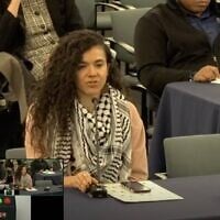 Hannah Gann, a Jewish public school teacher and activist in Philadelphia who pretended to be Palestinian for years, addresses a meeting of the Philadelphia Board of Education, Dec. 4, 2025.(Screenshot via JTA)
