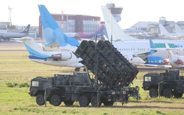 Patriot long-range air defence systems of the German Bundeswehr armed forces are deployed at Vilnius Airport ahead of the upcoming NATO Summit in Vilnius, Lithuania on July 7, 2023. (PETRAS MALUKAS/AFP)