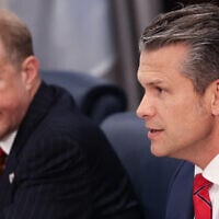 US Defense Secretary Pete Hegseth speaks as Deputy Defense Secretary Steve Feinberg (L) looks on during a meeting with Israel’s Defense Minister Israel Katz, not in picture, at the Pentagon in Washington on July 18, 2025. (Alex Wroblewski/AFP)