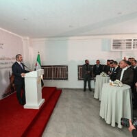 Syria’s interim foreign minister Asaad Shaibani (L) delivers a speech during the inauguration of Syria’s embassy at Al-Nofleen district in Tripoli on August 30, 2026. (Mahmud Turkia/AFP)