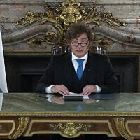 Screen grab from the official boradcast shows Argentina’s President Javier Milei Addressing the Nation from Casa Rosada Presidential Palace in Buenos Aires on September 3, 2026. (Handout/Argentina’s Presidency Press Office/AFP)