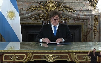 Screen grab from the official boradcast shows Argentina’s President Javier Milei Addressing the Nation from Casa Rosada Presidential Palace in Buenos Aires on September 3, 2026. (Handout/Argentina’s Presidency Press Office/AFP)