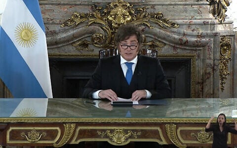 Screen grab from the official boradcast shows Argentina’s President Javier Milei Addressing the Nation from Casa Rosada Presidential Palace in Buenos Aires on September 3, 2026. (Handout/Argentina’s Presidency Press Office/AFP)