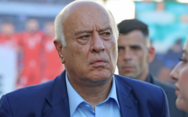 Jibril Rajoub arrives to attend a football match between Jabal Al-Mukaber and Shabab Al-Khalil teams during the “Thousand Martyrs’ Cup” tournament at the Faisal Al-Husseini International Stadium in the West Bank city of Al-Ram, September 4, 2026. (AHMAD GHARABLI/AFP)