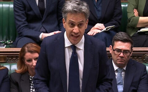 In this video grab taken from footage broadcast by the UK Parliamentary Recording Unit (PRU) via the Parliament TV website in the House of Commons on September 8, 2026, Britain’s Foreign Secretary Ed Miliband delivers a speech on an import ban of goods from West Bank settlements. (PRU/AFP)