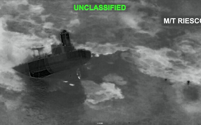 This screen grab made on September 9, 2026, from a handout video released by US Central Command on September 8, 2026, shows what the US military says is a strike on an Iranian tanker in the Gulf of Oman. (Handout/US Central Command Public Affairs/AFP)