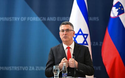 Foreign Minister Gideon Sa'ar speaks during a joint press conference with Slovenia’s Foreign minister prior to the opening of Israel’s embassy in Slovenia, in Ljubljana on September 9, 2026. (Martin Metelko/AFP)