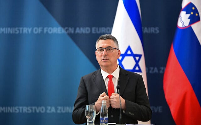 Foreign Minister Gideon Sa'ar speaks during a joint press conference with Slovenia’s foreign minister (not pictured) prior to the opening of Israel’s embassy in Slovenia, in Ljubljana on September 9, 2026. (Martin Metelko/AFP)