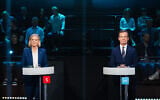 Social Democratic Party leader Magdalena Andersson (L) and Swedish Prime Minister and Moderate Party leader Ulf Kristersson take part in a televised election debate hosted by TV4 in Stockholm, Sweden, on September 10, 2026, three days ahead of the country’s general election. (Jonathan NACKSTRAND/AFP)