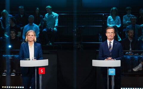 Social Democratic Party leader Magdalena Andersson (L) and Swedish Prime Minister and Moderate Party leader Ulf Kristersson take part in a televised election debate hosted by TV4 in Stockholm, Sweden, on September 10, 2026, three days ahead of the country’s general election. (Jonathan NACKSTRAND/AFP)