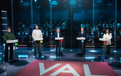 (L to R) Green Party spokespersons Amanda Lind, Sweden Democrats leader Jimmie Akesson, Social Democratic Party leader Magdalena Andersson, Swedish Prime Minister and Moderate Party leader Ulf Kristersson and Left Party leader Nooshi Dadgostar take part in a televised election debate hosted by TV4 in Stockholm, Sweden, on September 10, 2026, three days ahead of the country’s general election. (Jonathan NACKSTRAND/AFP)