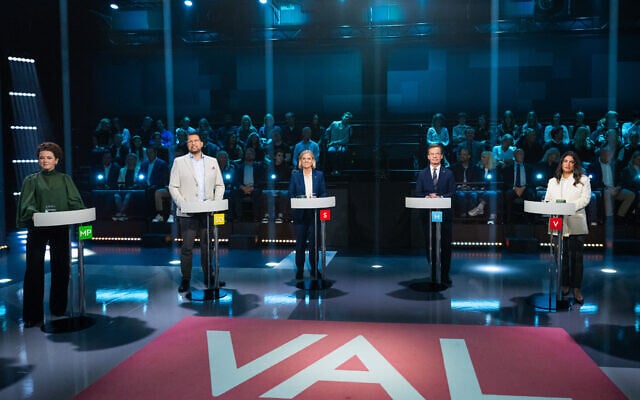 (L to R) Green Party spokespersons Amanda Lind, Sweden Democrats leader Jimmie Akesson, Social Democratic Party leader Magdalena Andersson, Swedish Prime Minister and Moderate Party leader Ulf Kristersson and Left Party leader Nooshi Dadgostar take part in a televised election debate hosted by TV4 in Stockholm, Sweden, on September 10, 2026, three days ahead of the country’s general election. (Jonathan NACKSTRAND/AFP)