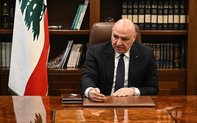 Lebanese President Joseph Aoun speaks during an interview with AFP at the Presidential Palace in Baabda on September 15, 2026. (Joseph EID/AFP)