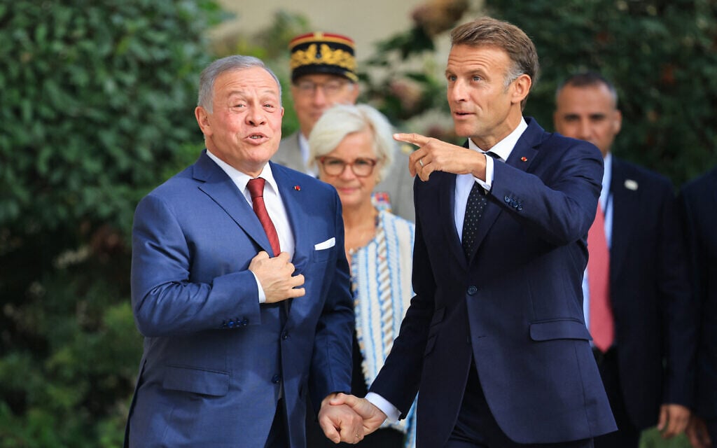 France’s President Emmanuel Macron, right, welcomes Jordan’s King Abdullah II ahead of their meeting at the Hotel des Invalides in Paris on September 17, 2026. (Ludovic MARIN/AFP) France’s President Emmanuel Macron, right, welcomes Jordan’s King Abdullah II ahead of their meeting at the Hotel des Invalides in Paris on September 17, 2026. (Ludovic MARIN/AFP)