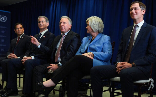 (L-R) US Secretary of State Marco Rubio, US Treasury Secretary Scott Bessent, Special Envoy Steve Witkoff, White House Chief of Staff Susie Wiles and Special Envoy Jared Kushner attend a bilateral meeting between the Ukraine and US in conjunction with the the United Nations General Assembly at UN Headquarters on September 22, 2026 in New York City. (Chip Somodevilla/Getty Images/AFP)