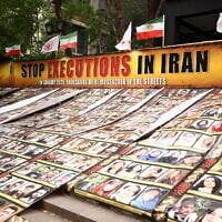 A display of people killed in Iran is seen outside the United Nations Headquarters in New York, on September 22, 2026. (CHARLY TRIBALLEAU/AFP)