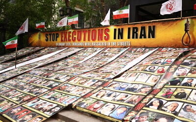 A display of people killed in Iran is seen outside the United Nations Headquarters in New York, on September 22, 2026. (CHARLY TRIBALLEAU/AFP)